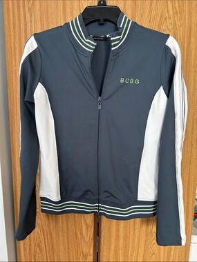 BCBG Navy and White Striped Ribbed Varsity Jacket